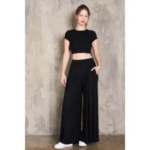 Maronie Rib Knit Crop Top   Pleated Pants Set | Black