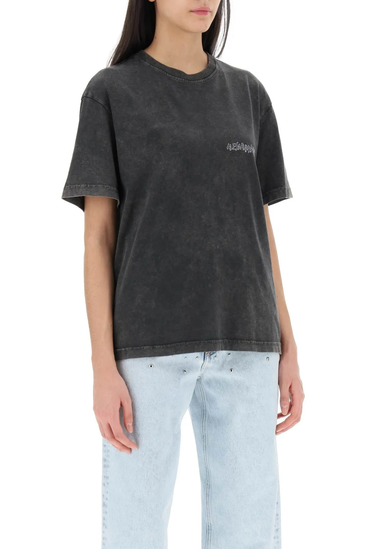 Alessandra Rich Oversized T-Shirt With Print And Rhinestones