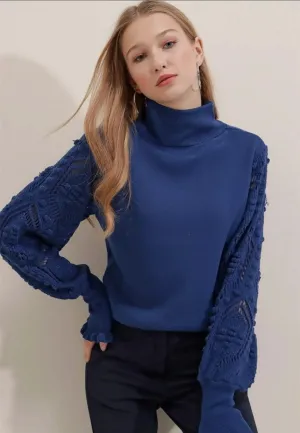 Blouse - Half Turtleneck Laced Sleeve Detailed Sweater