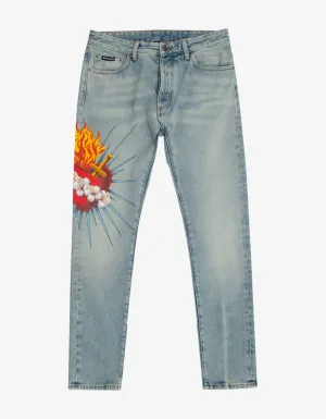 Blue Sacred Heart Print Straight-Leg Jeans