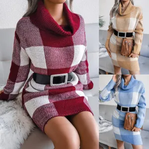 Casual plaid turtleneck sweater dress