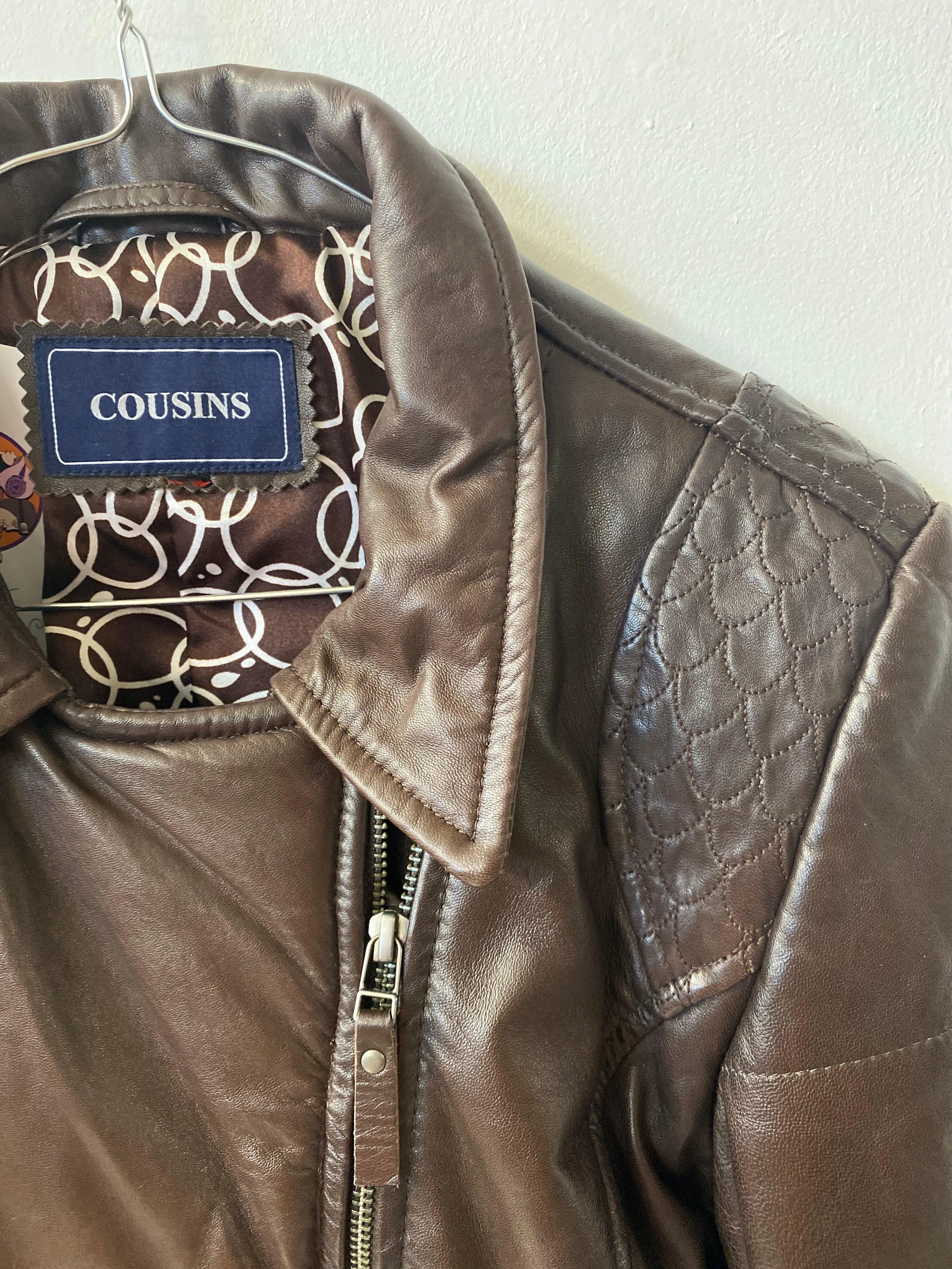 Cousins Brown Leather Biker Style Jacket Padded UK Size 10