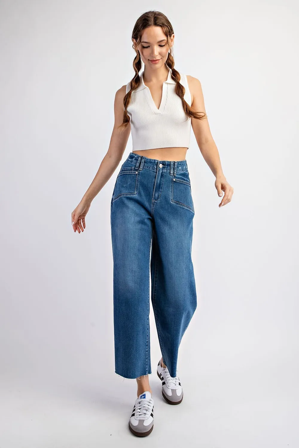 Cropped denim straight leg jeans