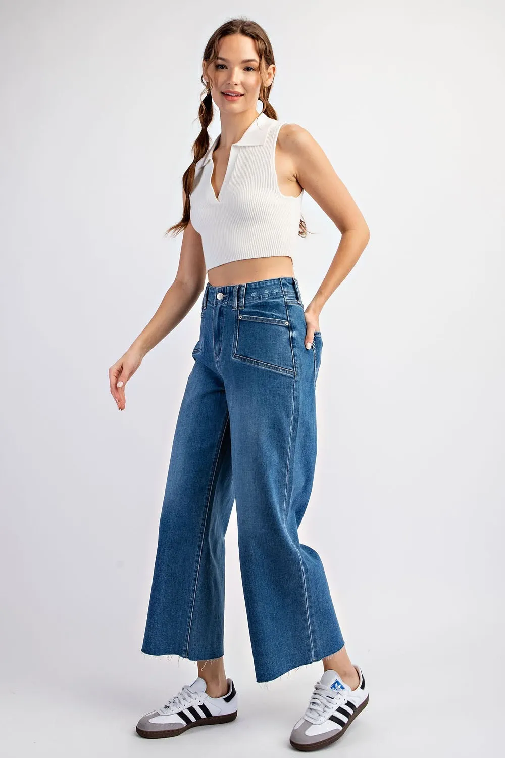 Cropped denim straight leg jeans