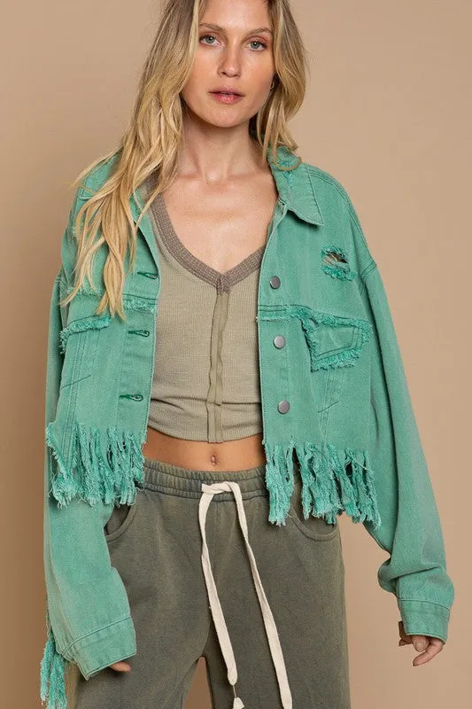 Fringe Distressed Crop Denim Jacket - online exclusive