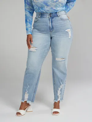 High Rise Curvy Fit Destructed Straight Leg Jeans - Short Inseam