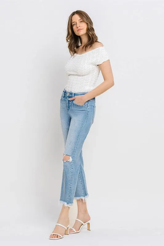 High Rise Frayed Hem Crop Straight Jeans