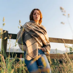 Irish Brushed Lambswool Cape: Cream & Brown Tartan