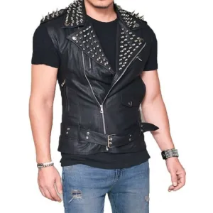 Men's Black Biker Real Leather Silver Spike Punk Vest