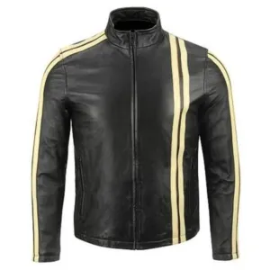 Slim Fit Yellow Stripes Leather Jacket