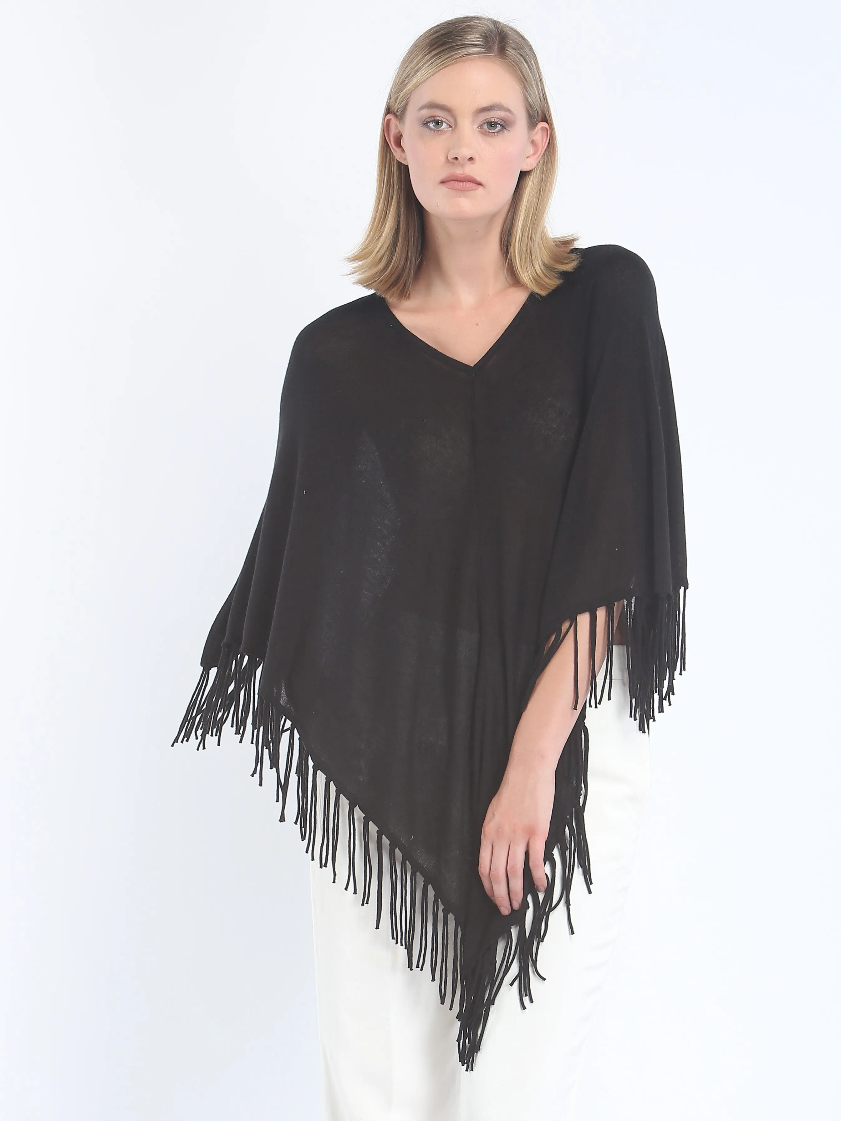 V Neck Fringed Poncho