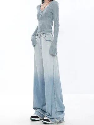 Vintage Street Style Wide Leg Jeans - Gradient Light Blue