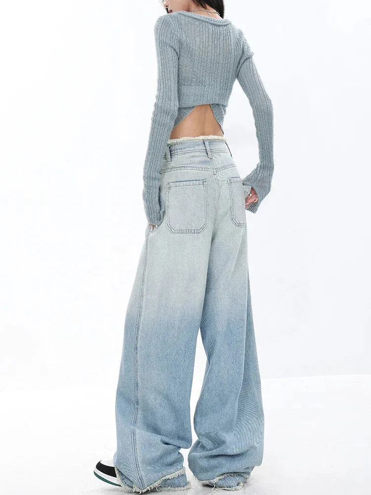 Vintage Street Style Wide Leg Jeans - Gradient Light Blue