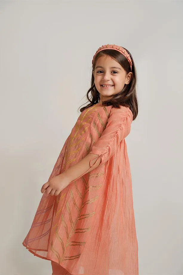 Yankee Doodle- Peach Chanderi Silk Hand Embroidered Flared Top & Tulip Pants Set for Girls